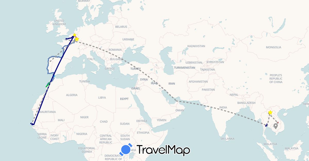 TravelMap itinerary: driving, bus, plane, cycling, train, hiking, boat, motorbike in United Arab Emirates, Belgium, Spain, France, Cambodia, Laos, Luxembourg, Morocco, Portugal, Senegal, Thailand (Africa, Asia, Europe)